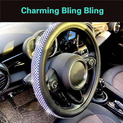 PINCTROT Large Size Bling Comfy Steering Wheel Cover with Jumbo Crystal Rhinestones, Anti-Slip Diamond Leather, 15.5-15.75 Inch (Blue)