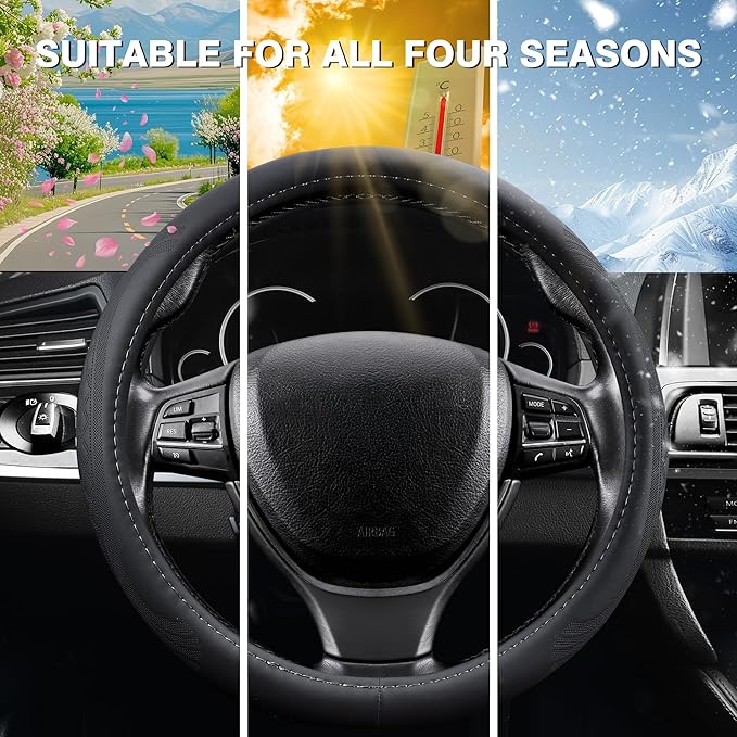 【2025 Model】 Breathable Soft Leather Car Steering Wheel Cover for Men Women, Non-Slip, Comfortable,Universal 15 inches Steering Wheels, Black