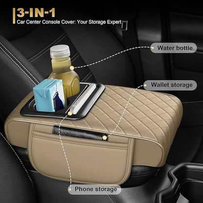 Center Console Cover for RDX: Armrest Cover for Car with 2 Storage Bags - Waterproof Leather Center Console Cover with Cup Holder for Car,Anti-Scratch Auto Armrest Pad Accessory （Beige