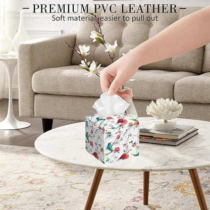 Flowers and Butterflies Tissue Box Holder Birds on Branch Tissue Box Cover Square Leather Tissue Holder Organizer Portable Decorative Facial Paper Case for Home Office Bathroom Vanity Countertop