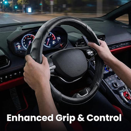Carbon Fiber Steering Wheel Cover – 15 Inch Universal Fit for Cars & SUVs – Anti-Slip Grip, Breathable Leather Texture, Sporty Carbon Fiber Look – Premium Car Interior Accessories – Black
