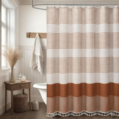 XOGUIBO Fall Shower Curtain Boho Linen Striped Shower Curtains for Bathroom with Tassel 72 X 72 Orange