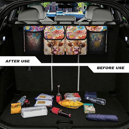 Highland Cow Print Car Trunk Organizer Hanging Car Organizer Back Seat, Hippie Flower Oxford Cloth Seat Back Storage Bag, Will Provide More Space for SUV, Trucks, Van, Sedan