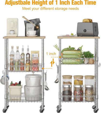 Homeiju Rolling Kitchen Storage Cart, 3-Tier Storage Rack on Caster Wheels with Adjustable 2 Baskets, Coffee Station Cart Rack Shelf Organizer for Living Room Office, Balcony, Chrome/Silver
