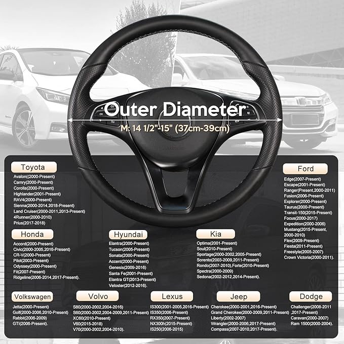 SEG Direct Car Steering Wheel Cover for Medium Standard Size Steering Wheels with 14 1/2-15 inches Outer Diameter, Black and Beige Microfiber Leather