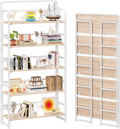 4NM No Assembly Extra Wide 5 Tiers Folding Bookshelf Storage Shelves Vintage Bookcase Standing Racks Study Organizer Home Office (Natural White)