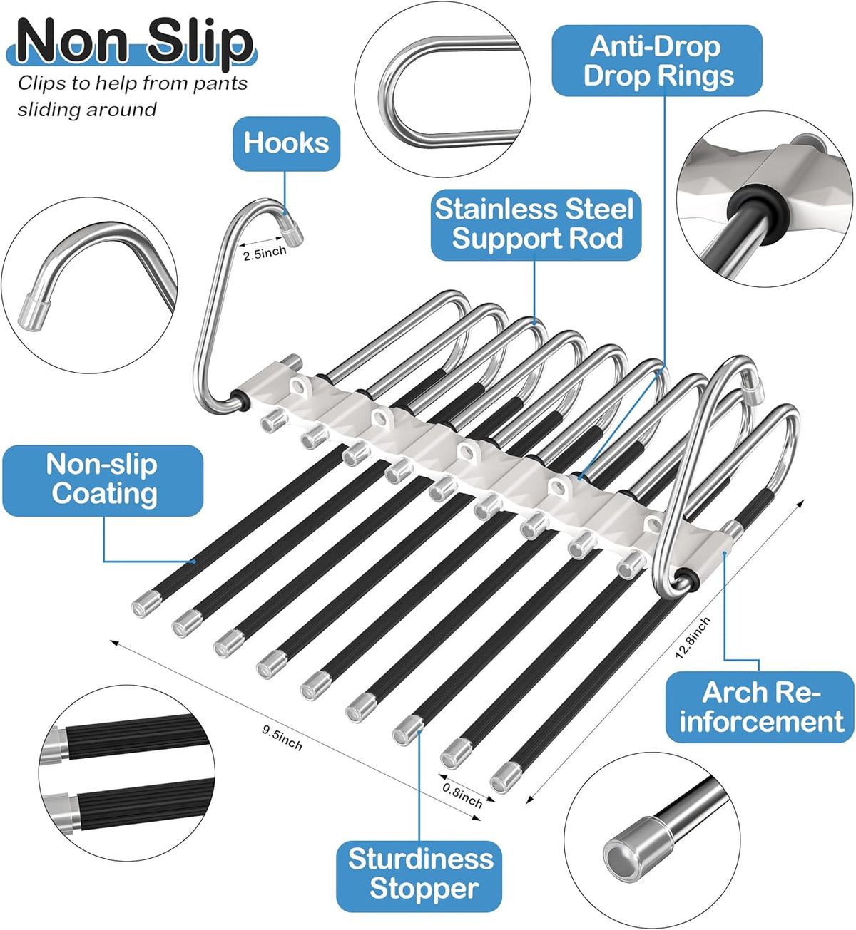 Upgrade Pant Hangers Space Saving, Non Slip Stainless Steel Multifunctional Pants Rack S-Type Clothes Pant Closet Hanger Organizer with Hooks for Pants Jeans Trousers Scarf Skirts (Pure White, 4 Pack)