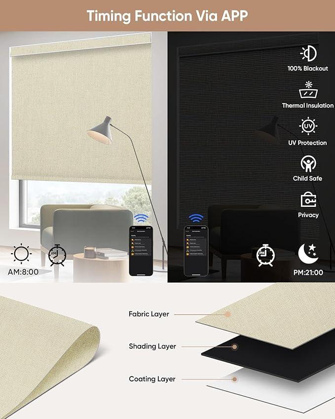 Kincmo Motorized Blinds with Remote, 100% Blackout Motorized Roller Shades Work