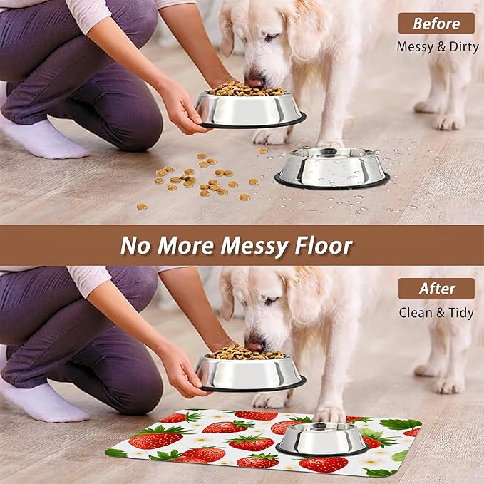 Cute Strawberry Flower Dog Cat Food Mat,Absorbent Pet Feeding Mat with Rubber Backing,Non-Slip Water Bowl Placemat,Indoor Pet Accessories Supplies 16"x24"