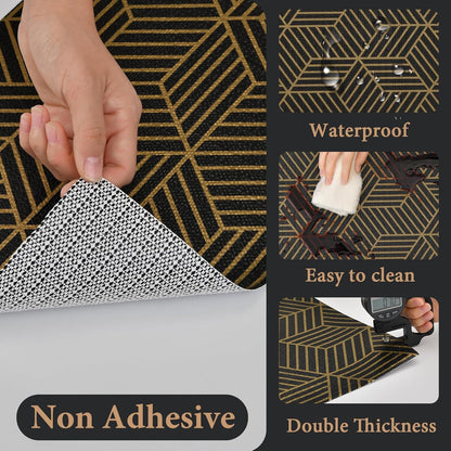 Shelf Liners for Kitchen Cabinets 12in x 30FT, Non Adhesive Cabinet Liner Strong Non-Slip Black Gold Geometric Drawer Liner, Easy to Clean for Shelf, Cabinet with Knife and Tape Measure
