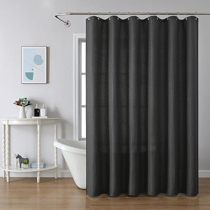 meioro Charcoal Grey Shower Curtain, Waffle Weave 256GSM Heavy Duty Textured Fabric Shower Curtains for Bathroom Hotel Spa, Luxury Weighted Polyester Cloth Bath Curtain Set with 12 Hooks, 72Wx84H