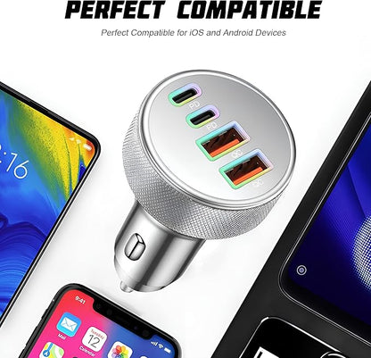 4 in 1 USB C Car Charger, 4-Port 90W PD QC Dual USB C & USB A Vehicle Fast Charging Cigarette Lighter Adapter, Multiport Auto Phone Charge Adapter, Fits 16 15 14 Pro Max Tablet (Silver)
