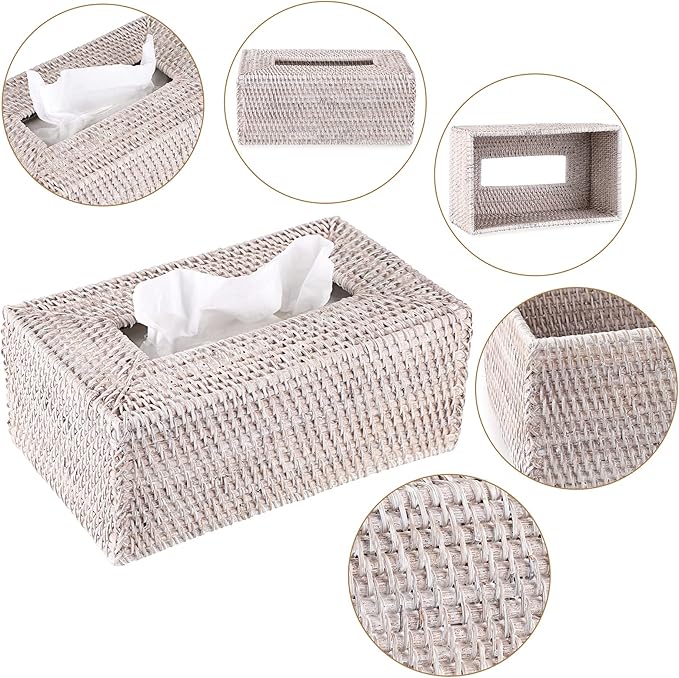 Sumnacon Tissue Box Cover Rectangle Tissue Box Rattan Tissue Box Holder,Wicker Decorative Tissue Holder for Bathroom Toilet Living Room Kitchen Office Table Desk, Whitewash
