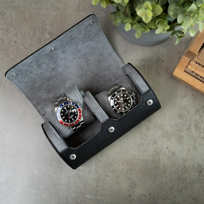 DailyWatch | Personalized Watch Roll Travel Case For 2 Watches - Handmade Genuine Leather Travel Case With Custom Engraving of Name or Initials - Black Grey