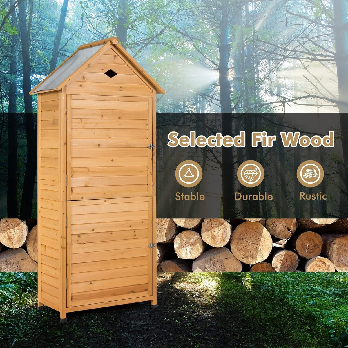 Goplus Wooden Storage Shed, Outdoor Storage Cabinet with 4 Shelves and Pitched Galvanized Sheet Roof, Lockable Garden Shed, Outside Tool Shed for Patio Yard Lawn