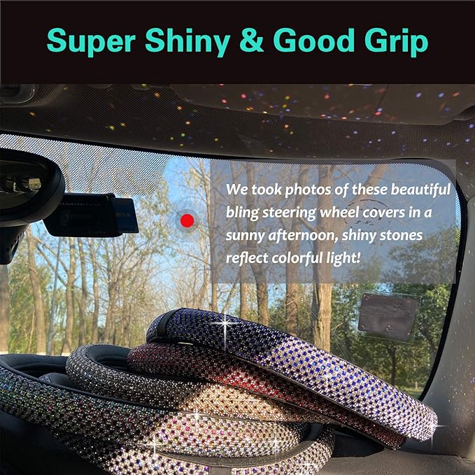 PINCTROT D Shaped Bling Comfy Steering Wheel Cover with Jumbo Crystal Rhinestones, Anti-Slip Diamond Leather, Flat Bottom 14.5-15 Inch (Red)