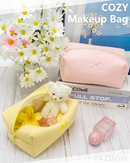 PAZIMIIK 6PCS Cozy Makeup Bag Travel Cosmetic Bag for Women Soft Toiletry Bag Aesthetic Makeup Organizer Portable Large Zipper Pouch for Skincare Beauty Accessories Brushes Waffle Check Yellow