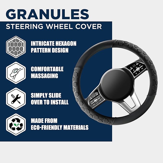 PIC AUTO Massage Steering Wheel Cover, Black Football Pattern Material Spliced Leather Car Steering Wheel Protector, Car Interior Accessories, Universal Fit 14.5"-15.5" for Cars, Trucks, Van, SUV
