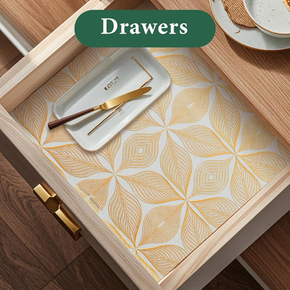 3D Drawer and Shelf Liner for Kitchen Cabinet: 12 in X 20 Ft Waterproof Shelf Paper Non Adhesive Refrigerator Liners Golden Leaf Easy Liners for Bathroom with Knife Tape Measure