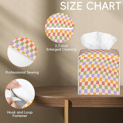 Tissue Box Cover Leather Tissue Box Holder Cube Tissue Case Cover Facial Paper Organizer Dispenser for Bathroom, Vanity Countertop, Office Desk (Wavy Checkered)