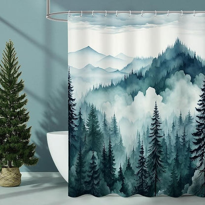 Litabel Peacock Blue Extra Long Misty Pine Forest Shower Curtain 72 x 84, XL Mountain Foggy Woodland Scenery Tree Shower Curtains for Bathroom, Abstract Waterproof Nature-Themed Decor