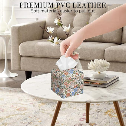 POIUBLE Vintage Floral Tissue Box Cover Leather Tissue Box Holder Square Facial Paper Organizer Dispenser for Bathroom Kitchen Bedroom Vanity Countertop Night Stands
