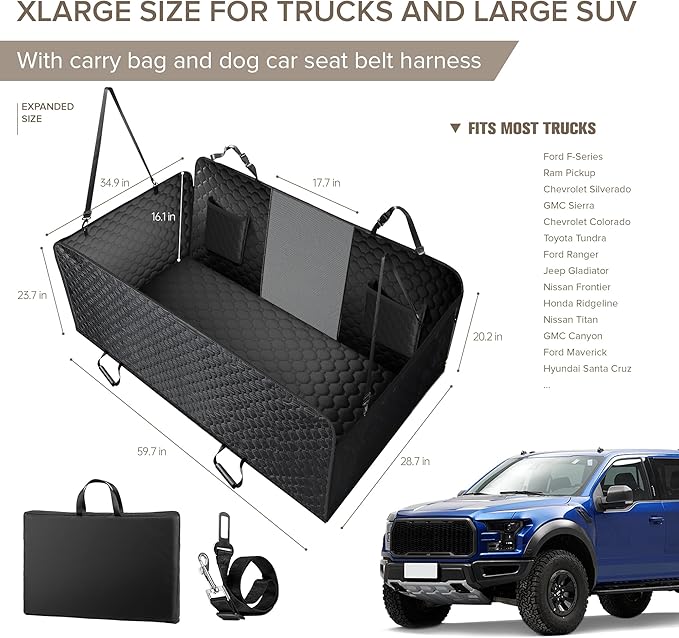 XL Truck Back Seat Extender for Dogs, PU Leather Hard Bottom Car Seat Cover for Dogs,Heavy Duty Dog Car Seat Cover for Back Seat, Waterproof Dog Hammock for Truck, F150, Ram1500 and Large SUV