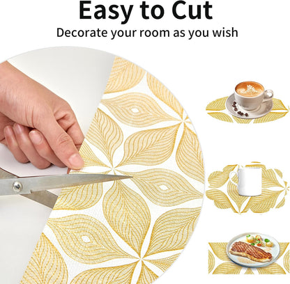 Shelf Liners for Kitchen Cabinets 17in x 20FT, Non Adhesive Cabinet Liner Strong Non-Slip Golden Leaf Drawer Liner, Easy to Clean for Shelf, Cabinet with Knife and Tape Measure