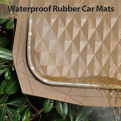 CAR PASS Bling Diamond Rubber Car Mats, Heavy Duty Deep Dish All-Weather Floor Mat Full Set Anti-Slip 3D Rhombus Waterproof Trim Fit Liner Universal Glitter Sparkly Shining Rhinestone, Beige Rubber