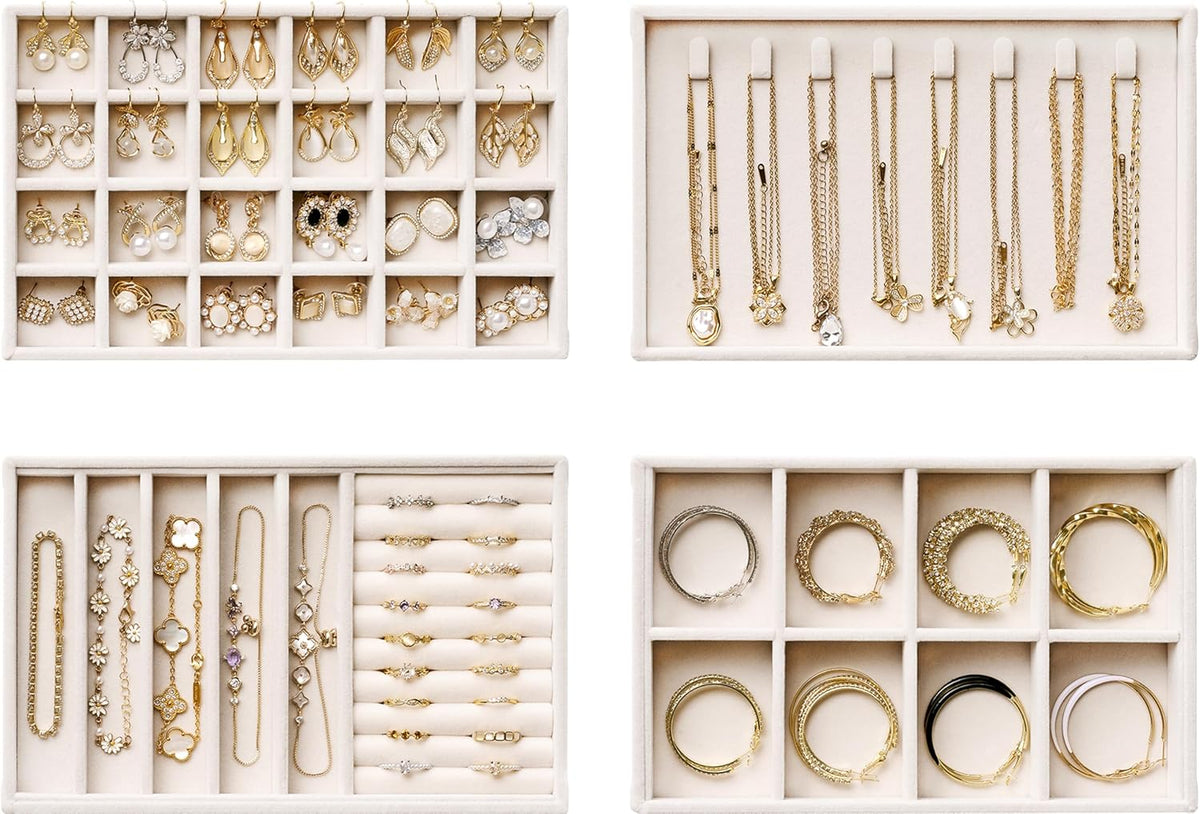 Velvet Jewelry Drawer Organizer Trays – Beige Stackable Jewelry Storage Inserts Set, 4-Layer Jewelry Tray Set for Earrings, Rings, Necklaces, Bracelets with Removable Dividers for Dresser & Vanity