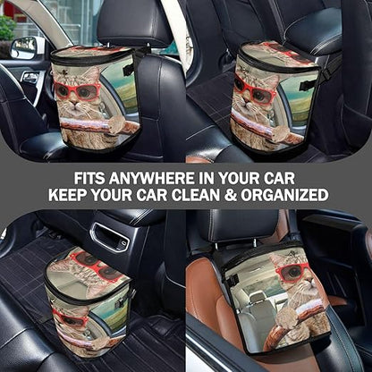 Fun Cute Cat Driving Car Trash Can Car Garbage Bag with Lid Hanging Waterproof Leak Proof Vehicle Storage Bin