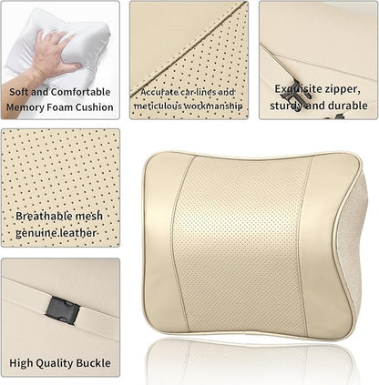Quintor Genuine Leather Car Neck Pillow,Memory Foam Headrest Cushion, Ergonomic Cervical Support for Tesla Model 3/Y/X, Lexus, BMW- Breathable & All-Season Soft (2 PC)
