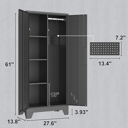 61" H Metal Storage Cabinet, Utility Cabinets with Locking Doors, Laundry Cabinet with Hanging Rod, Garage Tool Storage Cabinets for Home Office, Garage, Bathroom (Black)