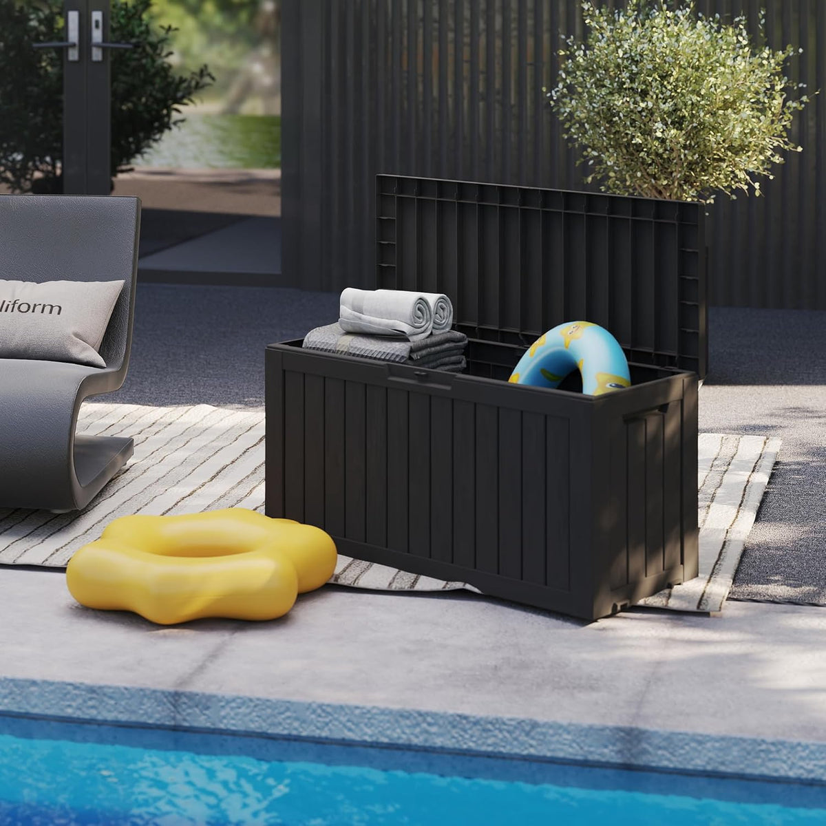 TARKARI 90 Gallon Lockable Resin Deck Box with Wheels, Waterproof & UV-Resistant Outdoor Storage Box for Outdoor Cushion Storage, Garden Tools & Pool Accessories Storage, Black