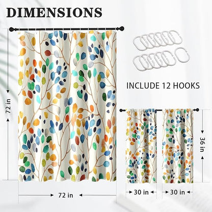 Culudea Colorful Leaves Ivory Shower Curtain Set, Floral Modern Boho Bathroom Window Waterproof Shower Curtain Set for Bathroom Decor
