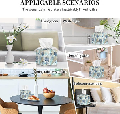 POIUBLE Tissue Box Holder Corals and Seashells Tissue Box Cover Square Leather Tissue Holder Organizer Portable Decorative Facial Paper Case for Home Office Bathroom Vanity Countertop