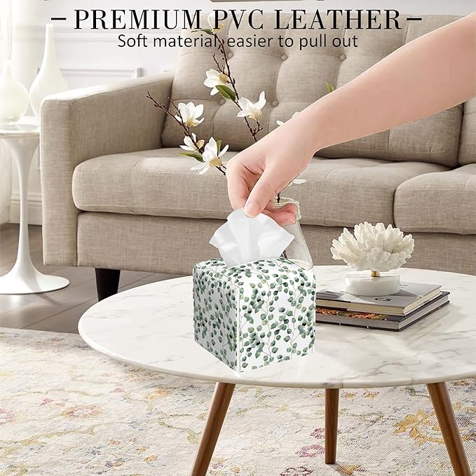 POIUBLE Leather Tissue Box Holder Green Eucalyptus Leaves Tissue Box Cover Square Waterproof Tissue Holder Organizer Modern Napkin Holder for Bedroom Dresser Night Stand Office Desk