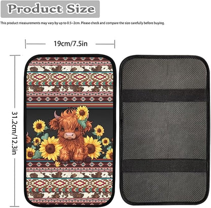 UNICEU Western Highland Cow Car Center Console Armrest Cover Pad Sunflower Armrest Cushion Universal Fit Most Vehicle,SUV,Truck,Car Seat Box Lid Cover Interior Decoration Accessories