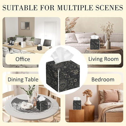 POIUBLE Zodiac Signs Tissue Box Holder Moon Phases Tissue Box Cover Square Leather Tissue Holder Organizer Portable Decorative Facial Paper Case for Home Office Bathroom Vanity Countertop
