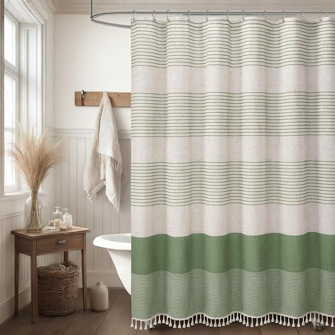 XOGUIBO Sage Green Shower Curtain Boho Linen Striped Shower Curtains for Bathroom with Tassel 72 X 80