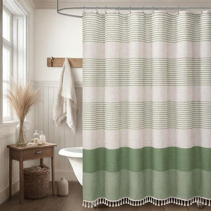 XOGUIBO Sage Green Shower Curtain Boho Linen Striped Shower Curtains for Bathroom with Tassel 72 X 80