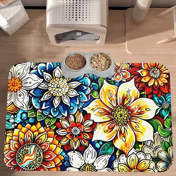 Colorful Mandala Dog Food Mat Absorbent Bowl Mats No Stains Quick Dry Waterproof Pet Cat Placemats for Food and Water, 30x45cm