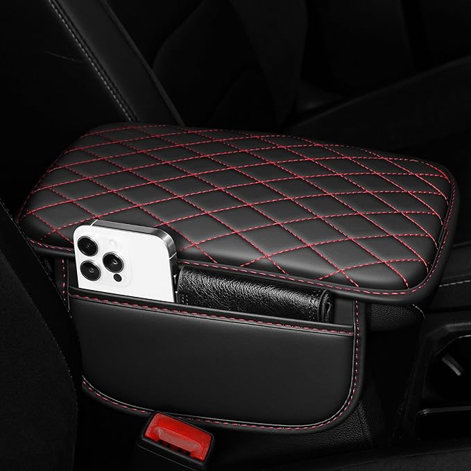 Center Console Cover for CR-V: Armrest Cover for Car with 2 Storage Bags - Scratch & Wear Resistant & Waterproof Leather Console Cover,Anti-Scratch Auto Armrest Pad Accessory （Black&Red