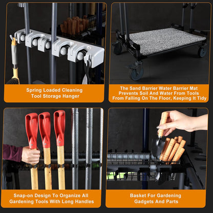 Heavy-Duty Garden Tool Organizer Cart Ideal for Gardening, Upgraded 5-Inch Wheels for Lawn & Sand, Long-Handle Tool Storage