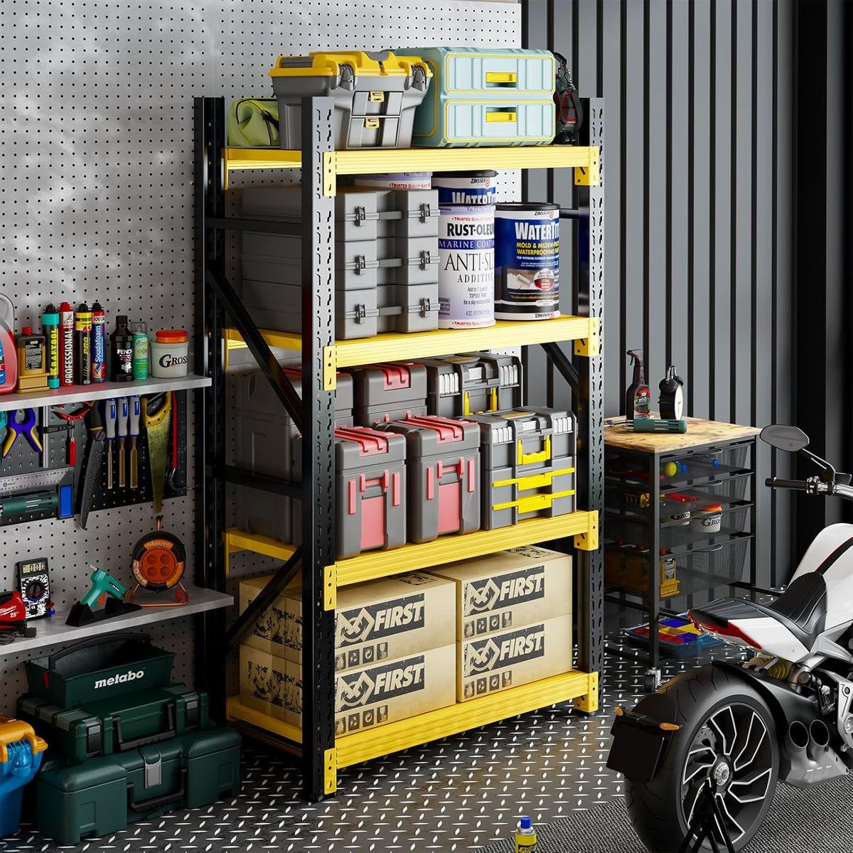 3000LBS Heavy Duty Storage Shelves,78''H Metal Garage Shelving, 4-Tier Adjustable Garage Organization Shelving Units, Industrial Shelving for Warehouse,Workshop- Black & Yellow