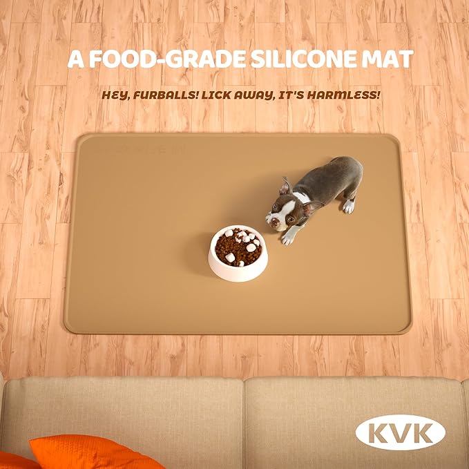 KVK Dog Food Mat, 39.4×29.5in Extra Large Silicone Pet Feeding Mat - Waterproof, Non - Slip, Chew - Resistant for Food & Water, Protect Floors (Brown)