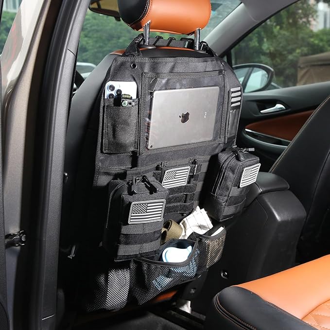 Tactical Car Seat Back Organizer Set Upgraded Tactical Molle Seatback Cover Protector Universal Fit Vehicles Truck MPV Pickup (Black with 2 Pouches)