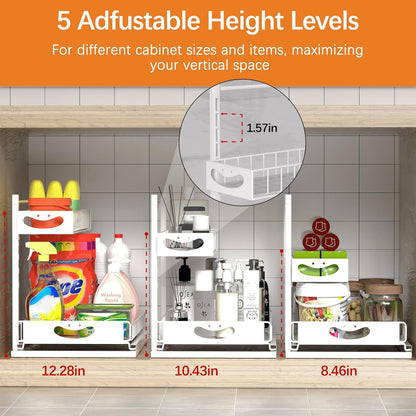 Under Sink Organizer with Pull-Out Drawers,Kitchen Sink Organizer,2 Tier Bathroom Organizers And Storage,Bathroom Accessories Set,White 2 Pack