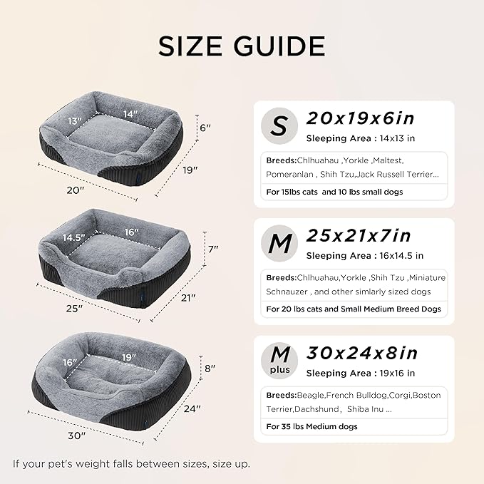 Bedsure Washable Dog Bed Small Medium Size Dog - Rectangle Fluffy Plush Pet Bed Puppy Bed, Comfy Corduroy Fleece and Nonskid Bottom,25x21x7inches,Suitable for Pet Up to 20lbs,Grey