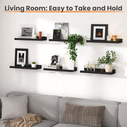 upsimples Floating Shelves for Wall, Wall Shelves for Decor Storage Set of 6, Wall Mounted Wood Shelf for Bedroom, Living Room, Bathroom, Kitchen, Picture Ledge Shelf, Black